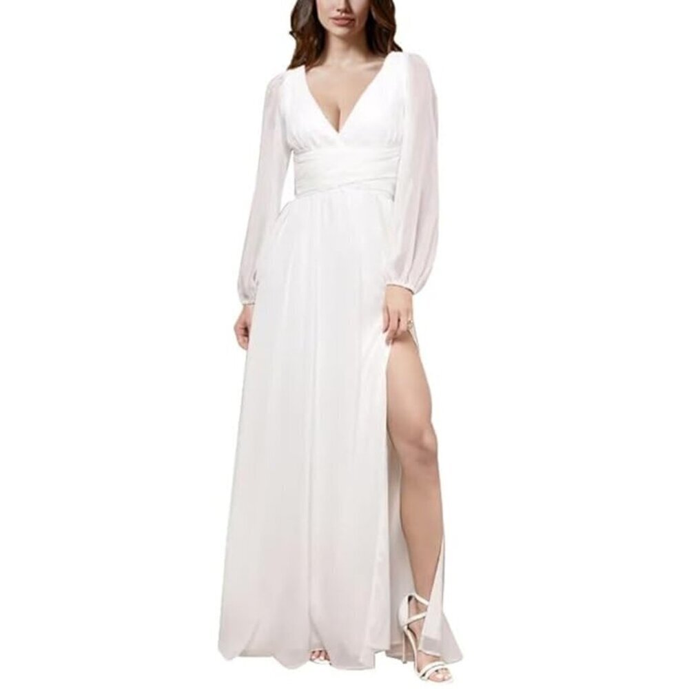 NWOT Women Chiffon White V-Neck White Wedding/ Bridesmaid Dress